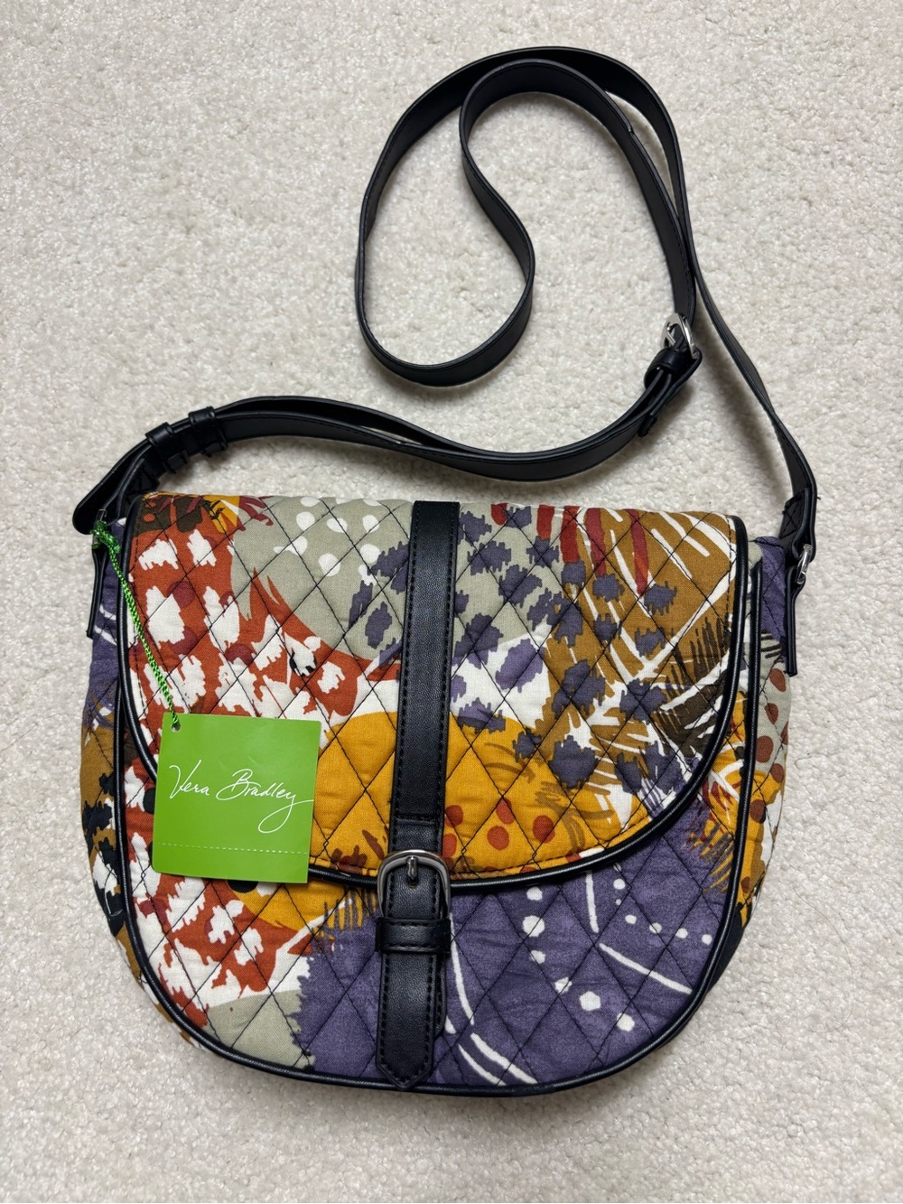 Vera Bradley Quilted Crossbody in Mustard, Purple & Black Strap